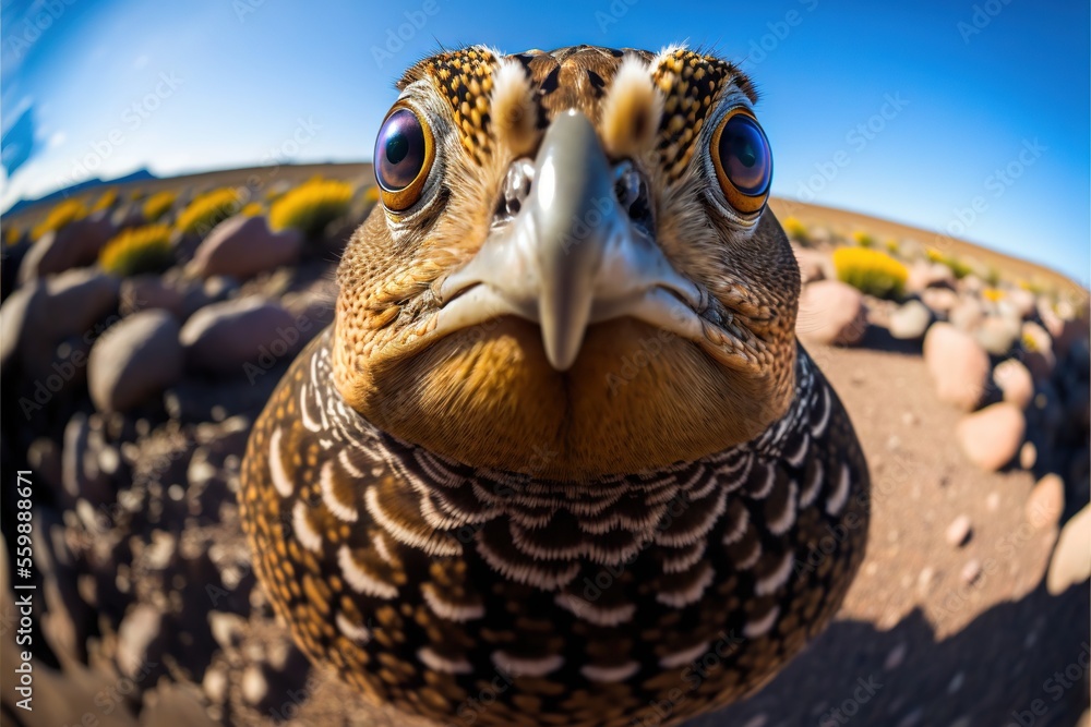 Poster a close up of a bird with a sky background and rocks in the background, with a lens on it's head and