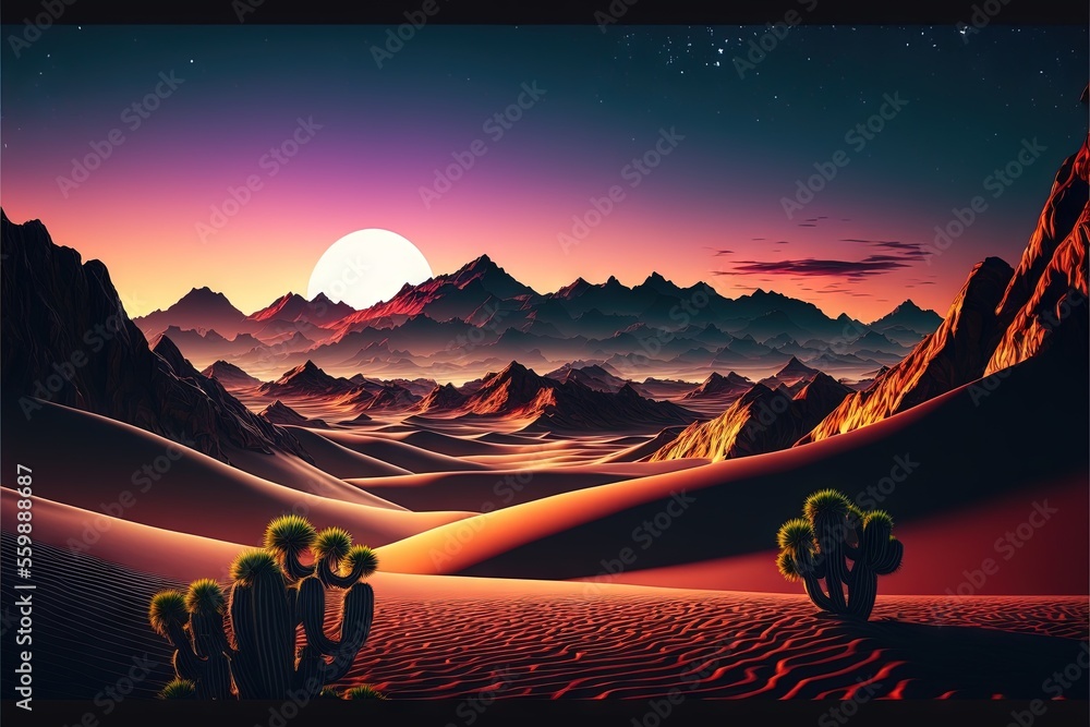 Poster a desert scene with a full moon and mountains in the background, with a cactus in the foreground and