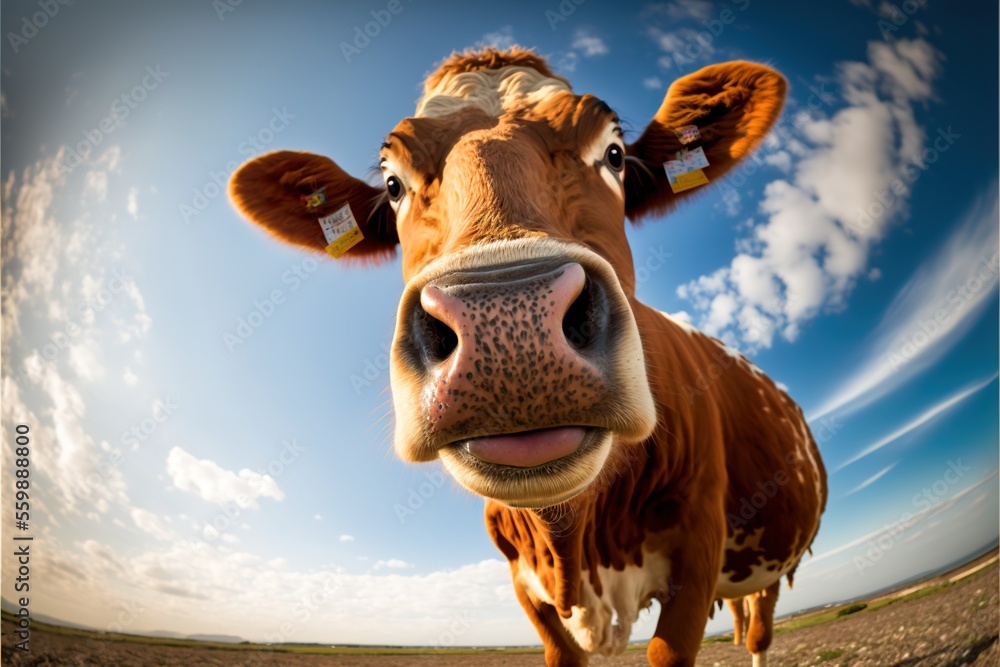 Poster a cow with a big smile on its face standing in a field with a sky background and clouds in the backg