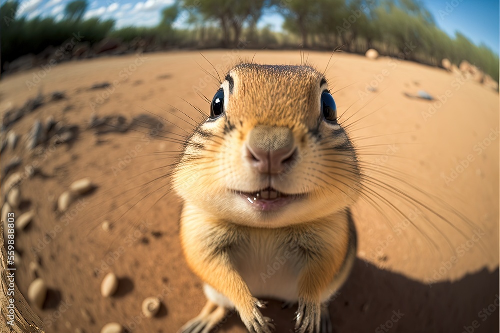 Poster a squirrel is looking up at the camera with a smile on its face and a dirt ground behind it and tree