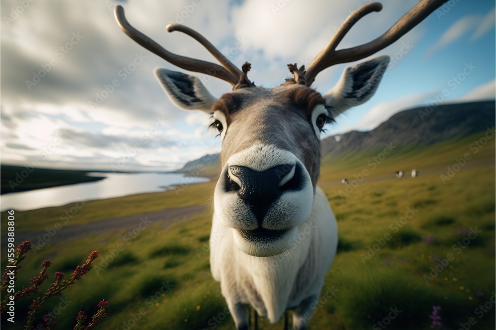 Aufkleber a close up of a deer with antlers on its head and a body of water in the background with clouds in t