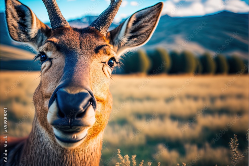 Poster a deer with a large antelope's head and antlers on it's face in a field with mountains in the backgr