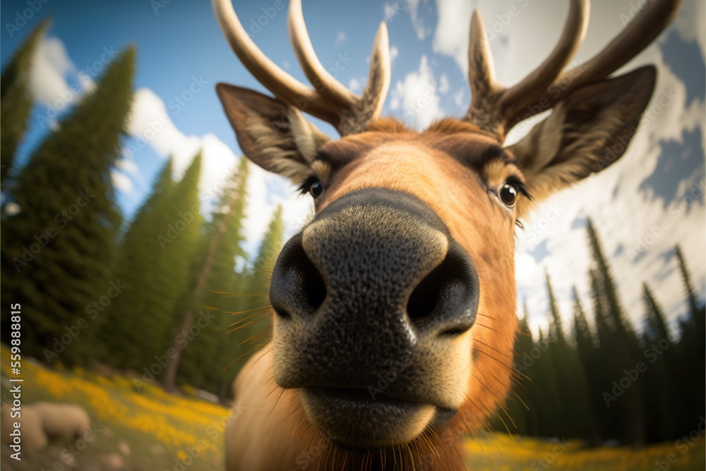 Poster a deer with antlers on its head looking at the camera with a sky background and trees in the backgro