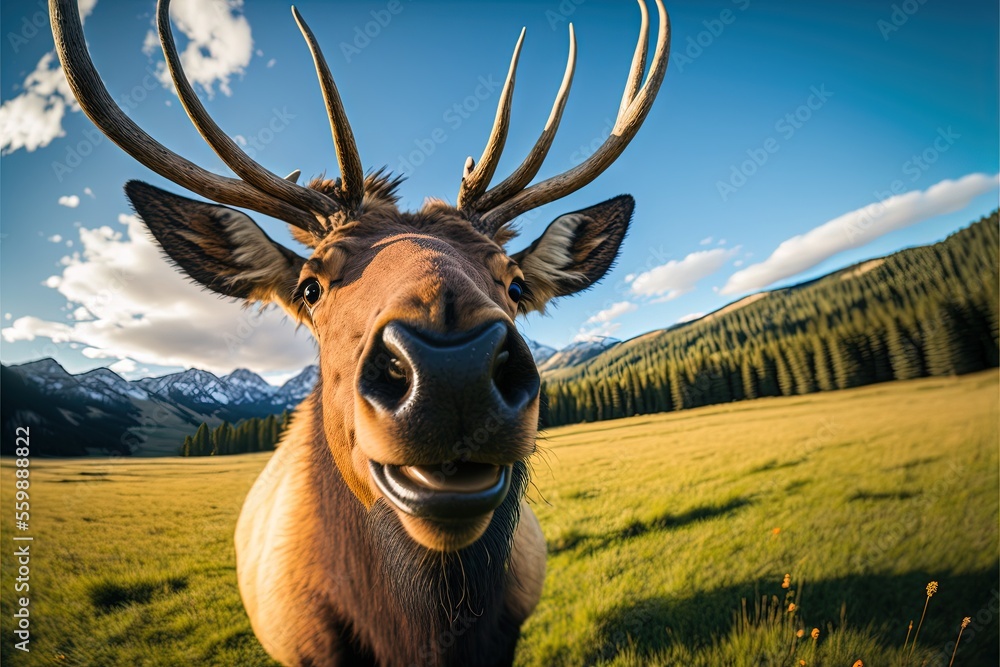 Poster a deer with large horns standing in a field with mountains in the background and a blue sky with clo