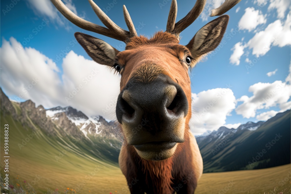 Poster a deer with horns standing in a field with mountains in the background and clouds in the sky above i