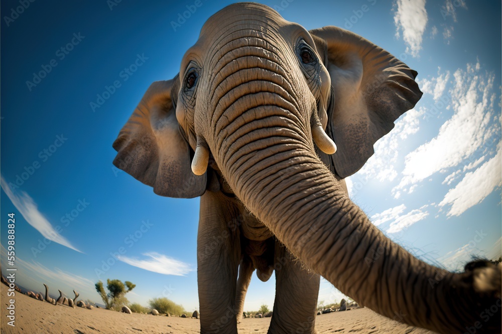 Poster a close up of an elephant with its trunk in the air and a blue sky with clouds in the background wit
