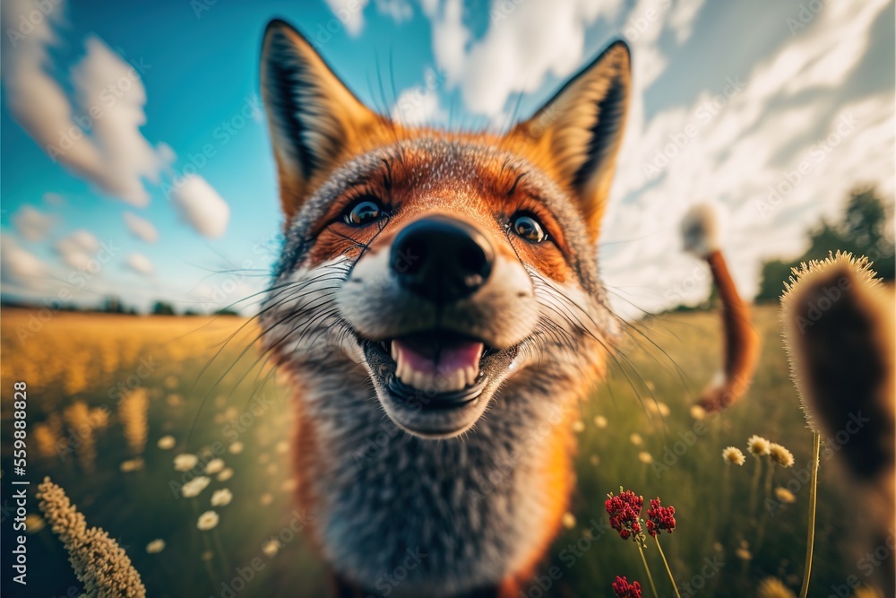 Poster a fox is smiling in a field of flowers and grass with a sky background and clouds in the background,