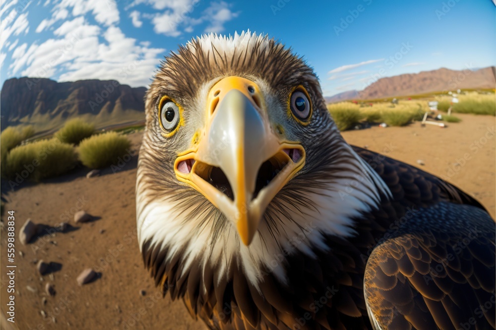 Poster a close up of a bald eagle with a sky background and clouds in the background, with a reflection of 