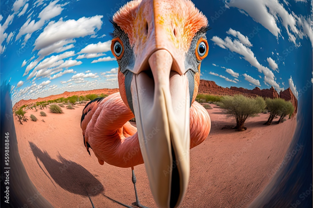 Poster a vulture standing in the middle of a desert, surrounded by trees and hills in the background and cl