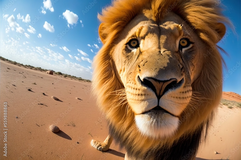 Poster a lion walking across a sandy field under a blue sky with clouds in the background and a few footpri