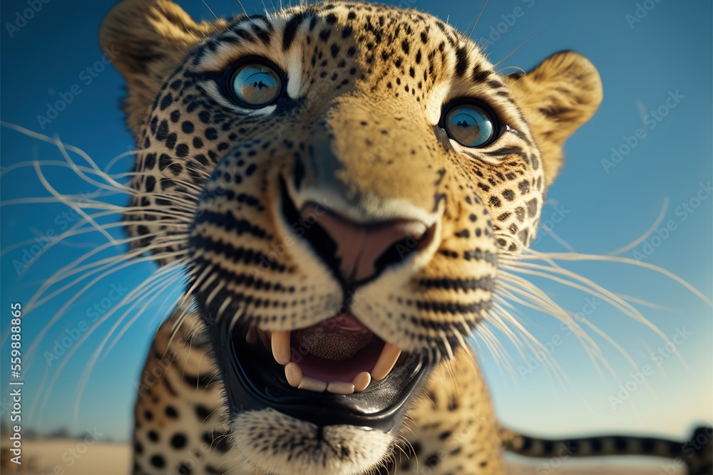 Poster a close up of a leopard with its mouth open and a camera in its mouth with its mouth open and a blue