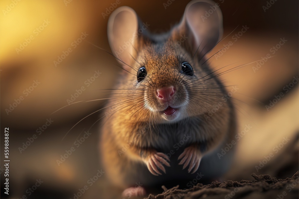 Poster a mouse sitting on top of a bed of dirt next to a wall and a pillow on the floor next to it is a mou
