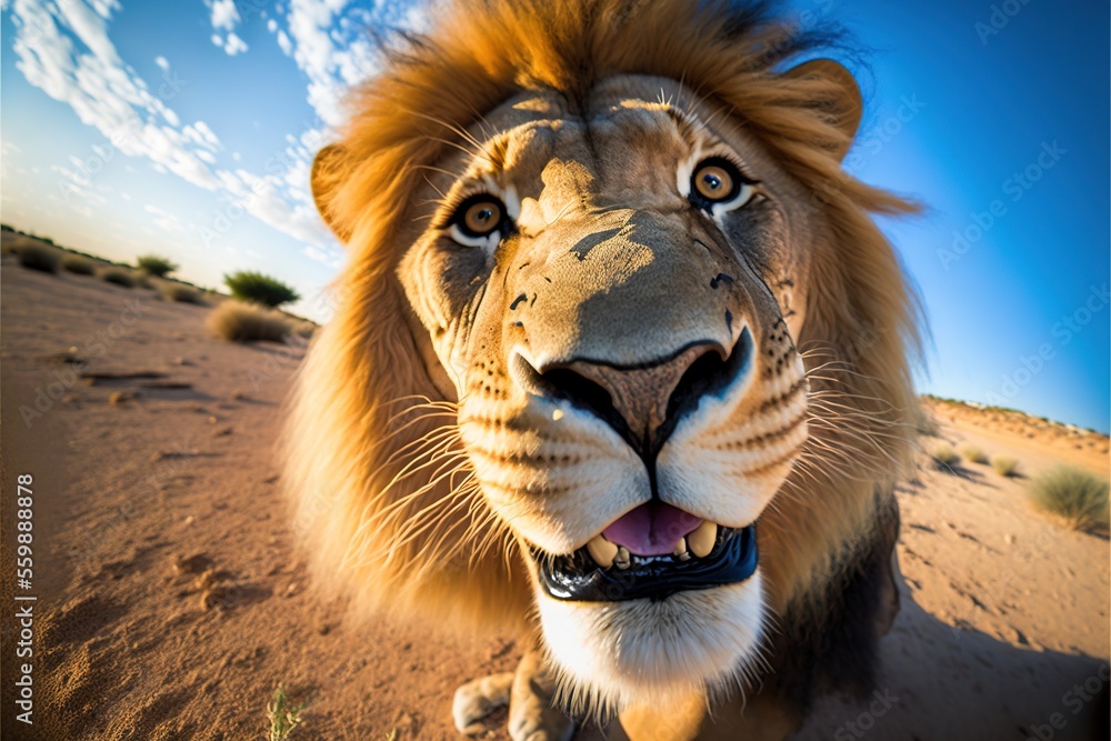 Poster a lion with a long mane standing in the desert looking at the camera with a blue sky in the backgrou