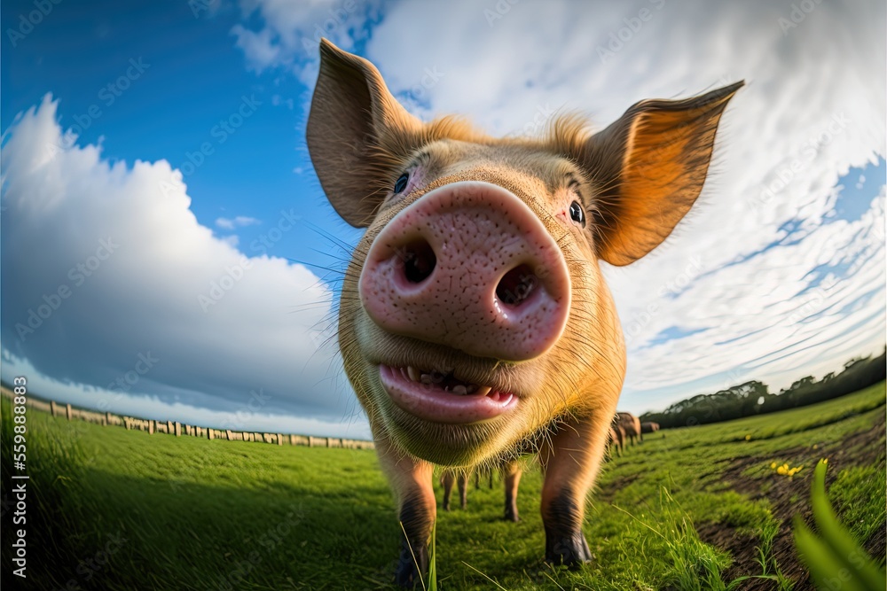 Poster a pig is standing in a field with a sky background and clouds in the background, and a pig is smilin