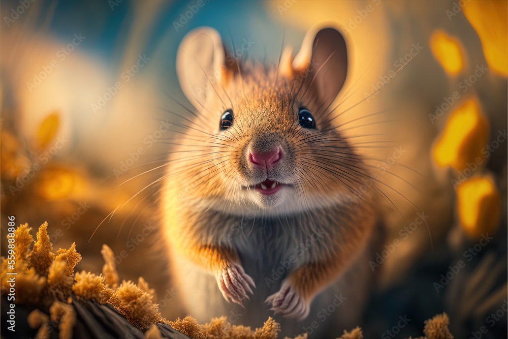 Aufkleber a mouse is standing on a rock and looking up at the camera with a smile on its face and a yellow flo
