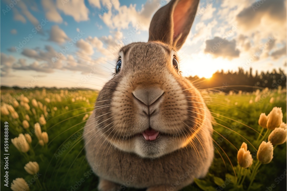 Aufkleber a rabbit is sitting in a field of flowers and grass with the sun setting behind it and a sky filled 