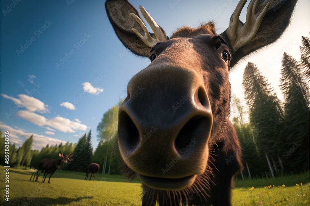 Poster a close up of a moose's face in a field with trees in the background and a blue sky with clouds in t