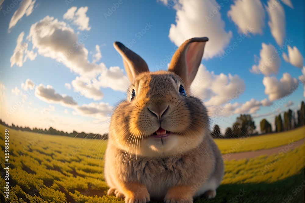 Poster a rabbit is sitting in a field of grass and looking at the camera with a happy face on it's face and