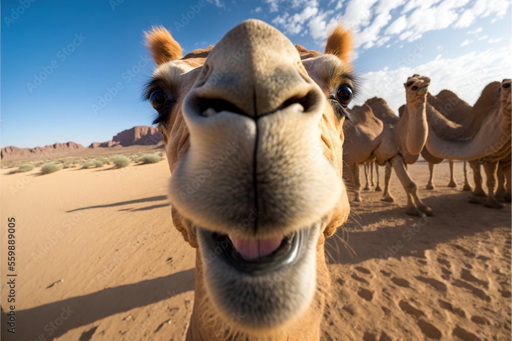 Poster a camel with its mouth open and a group of camels in the background in the desert with a blue sky wi