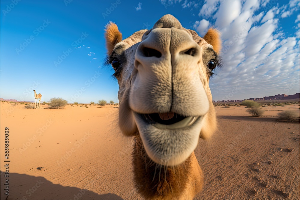 Aufkleber a camel is smiling in the desert with a sky background and clouds in the background, with a person i