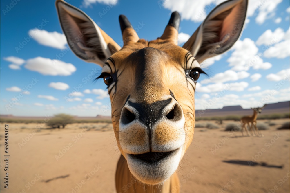 Poster a close up of a giraffe's face with a sky background and clouds in the background with a few animals
