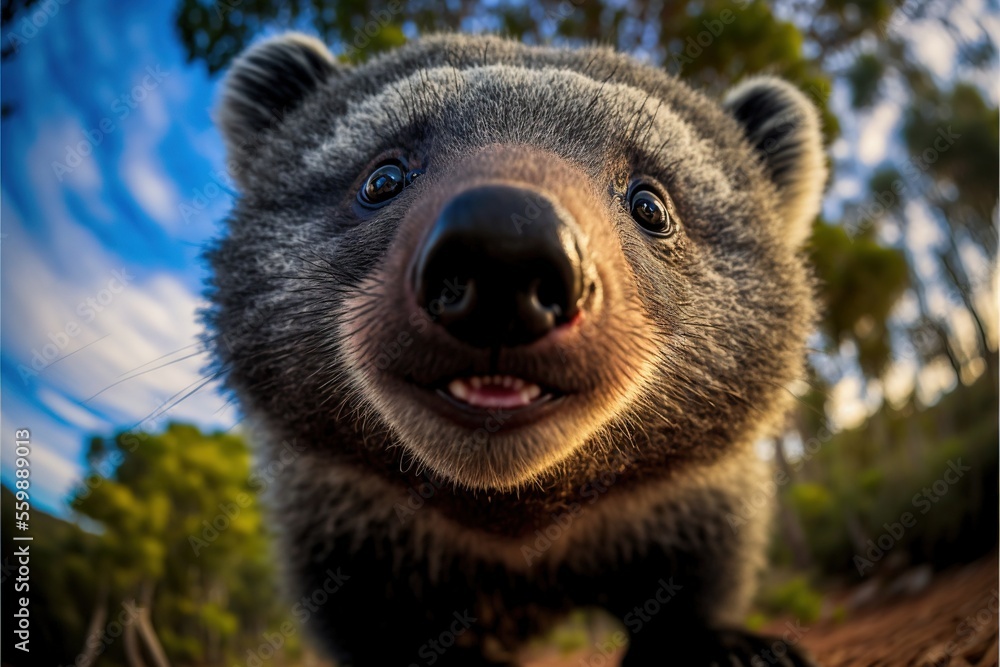 Poster a close up of a bear on a dirt ground with trees in the background and a blue sky with clouds in the