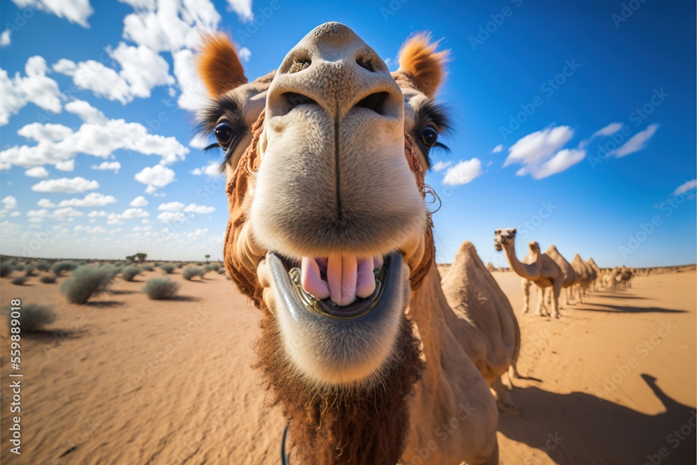 Poster a camel with its mouth open and it's tongue out in the desert with other camels in the background an