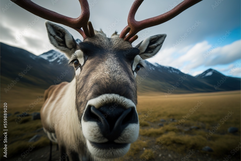 Poster a close up of a deer with antlers on its head and a mountain in the background with clouds in the sk