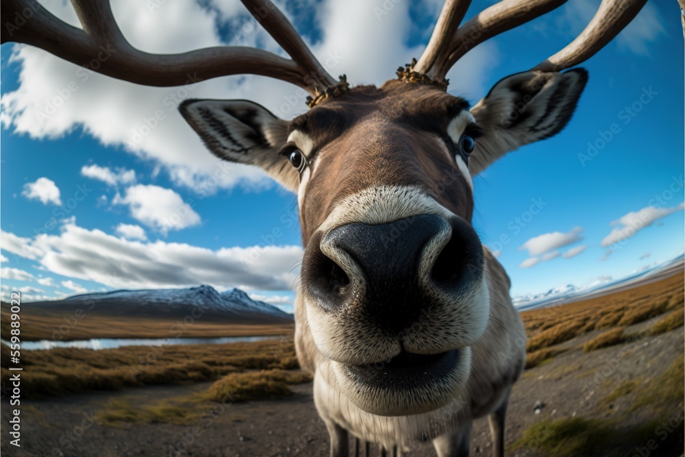 Poster a deer with antlers on its head looking at the camera with a blue sky and clouds in the background a