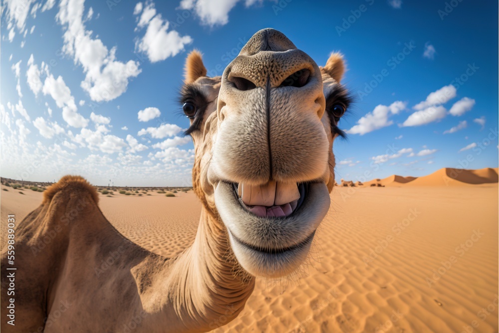 Poster a camel with its mouth open and a sky background with clouds in the background and a blue sky with w