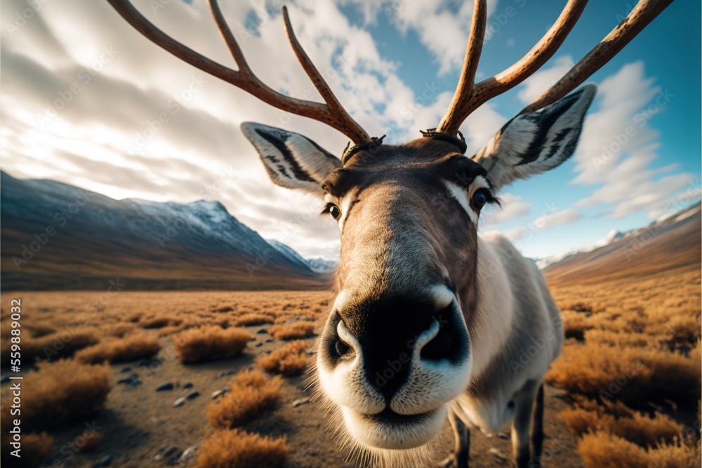 Aufkleber a deer with large antlers standing in a field with mountains in the background and a cloudy sky abov