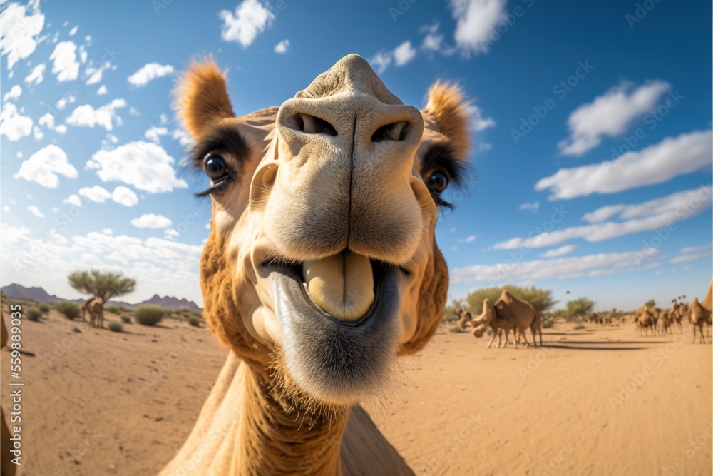 Aufkleber a camel with its mouth open and a group of camels in the background in the desert with a blue sky wi