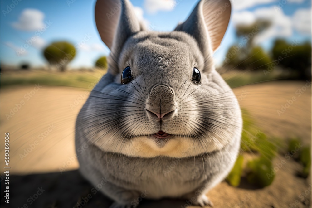 Poster a close up of a gray animal with a sky background and clouds in the background, with a small amount 