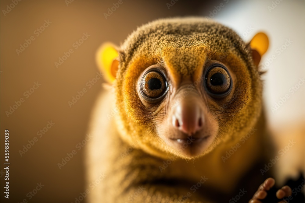 Poster a small animal with a big eye looking at the camera with a surprised look on its face and a hand in 