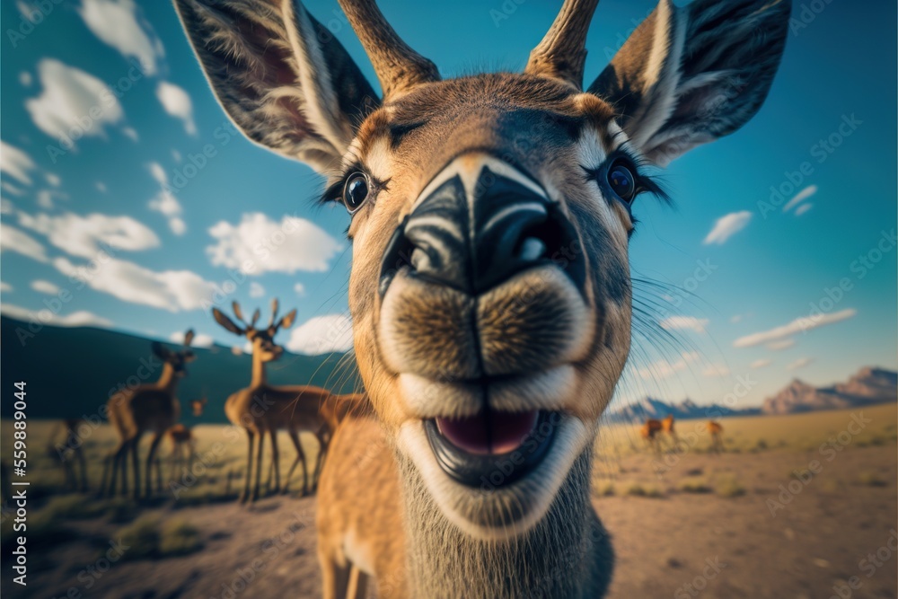 Poster a close up of a deer with a sky background and clouds in the background with a blue sky and white cl