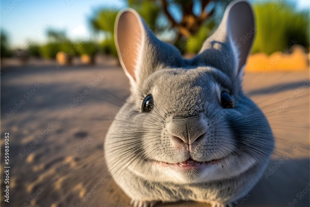 Poster a close up of a gray rabbit with a smile on its face and ears, with a tree in the background and a b