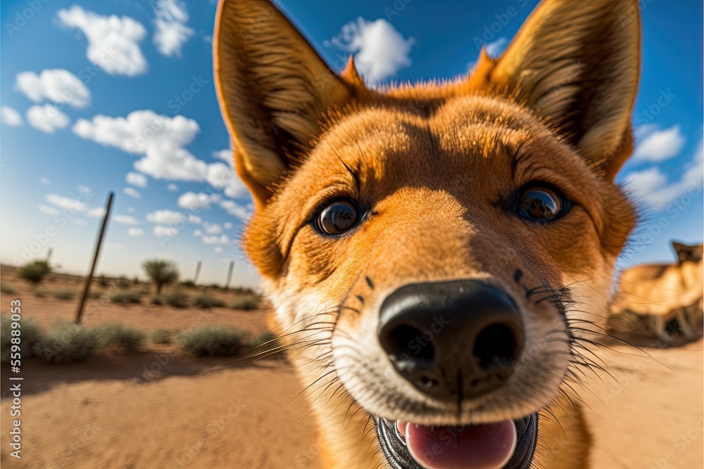 Poster a dog with a collar and a collared collar is looking at the camera with a blue sky in the background