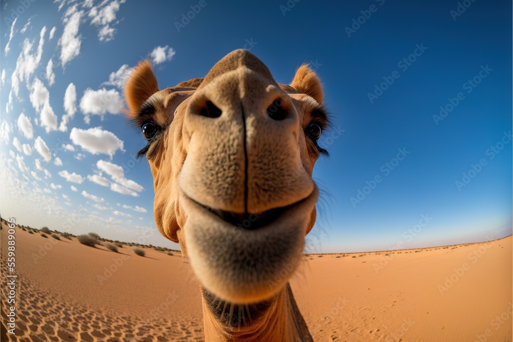 Poster a camel is looking at the camera with a smile on its face and a blue sky with clouds in the backgrou