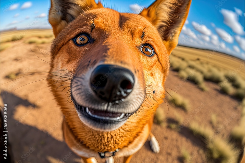 Poster a dog is looking at the camera with a smile on his face and a desert landscape in the background wit