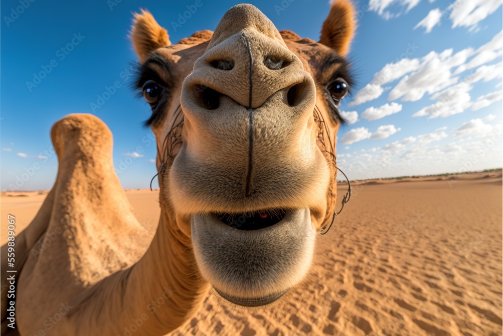 Poster a camel is looking at the camera with a blue sky in the background and a few clouds in the sky above