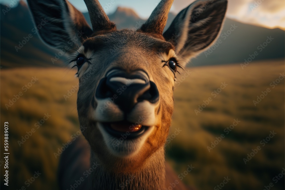 Aufkleber a deer with a big smile on its face in a field with mountains in the background and a blue sky with 