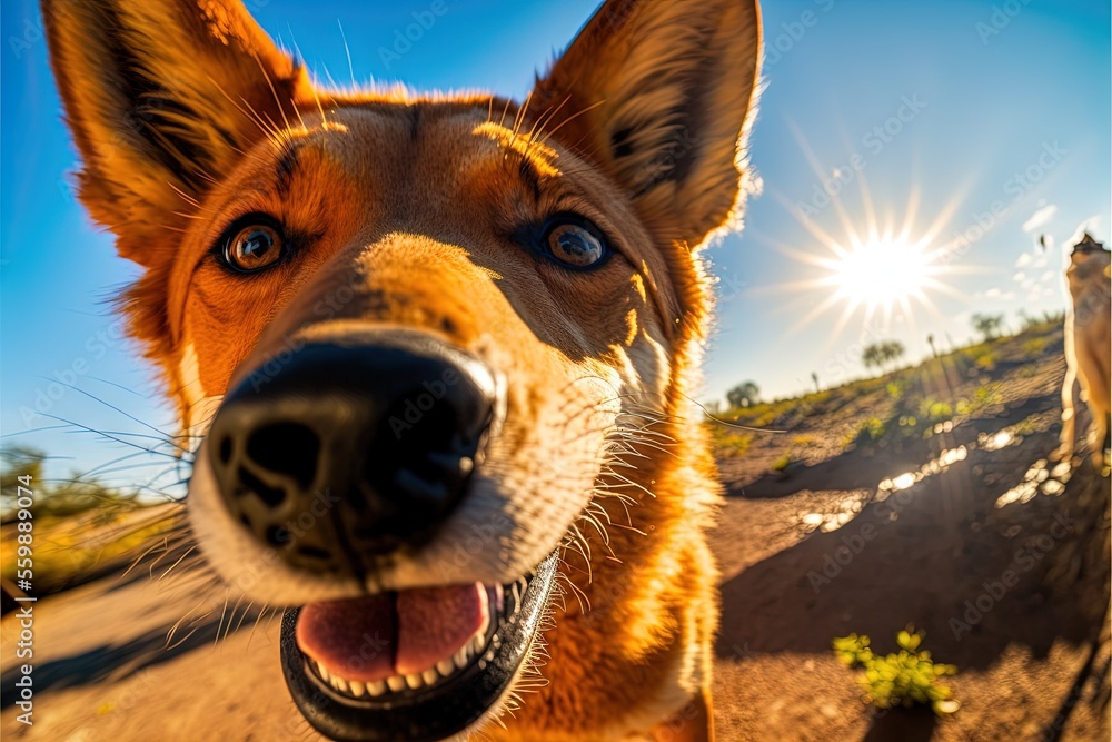 Poster a dog is smiling and looking at the camera with a sunny background and a person in the background ta