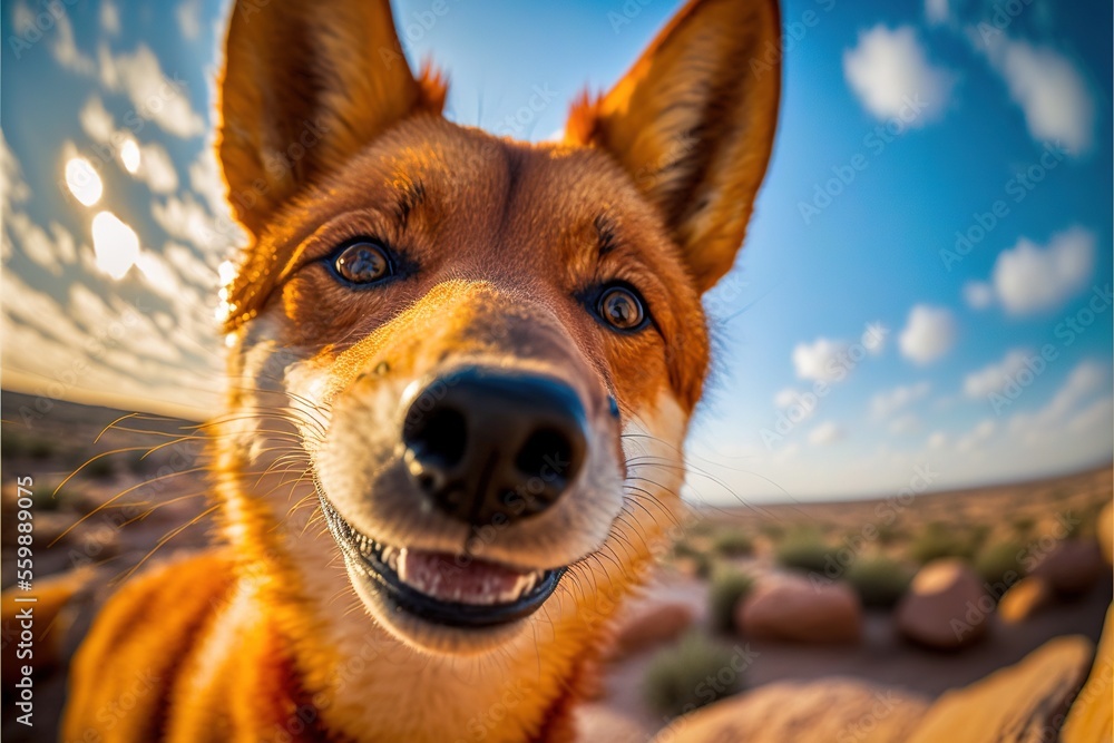 Poster a dog with a smile on his face and a sky background with clouds and rocks in the foreground and a bl