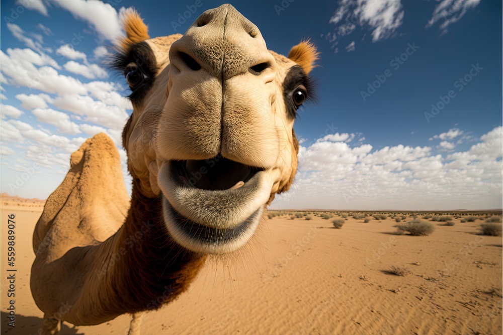 Poster a camel with its mouth open and a sky background with clouds in the background and a blue sky with w