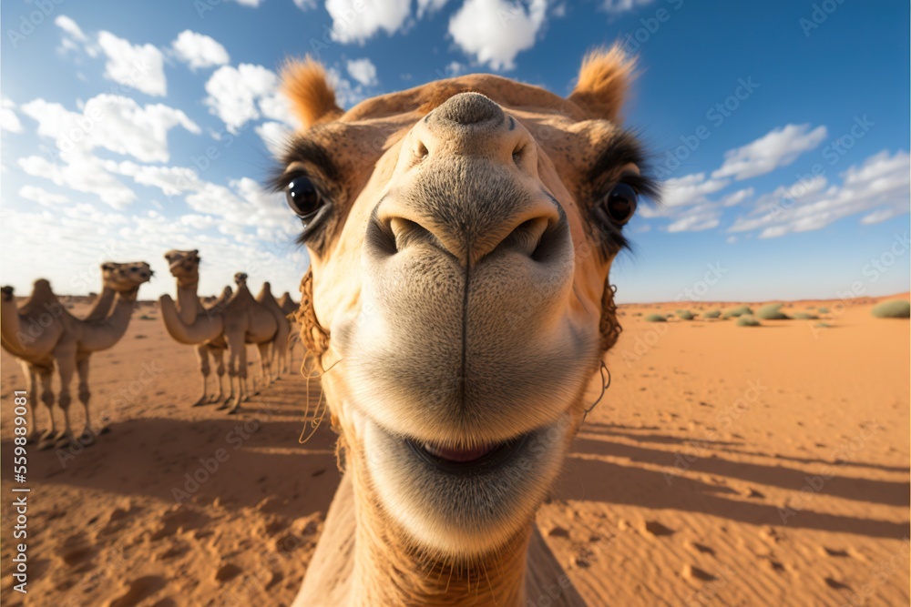 Poster a camel is looking at the camera with a group of camels in the background in the desert, with a blue