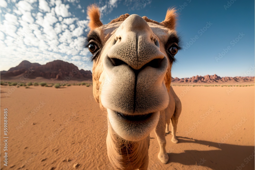 Poster a camel is standing in the desert looking at the camera with a smile on its face and a mountain in t
