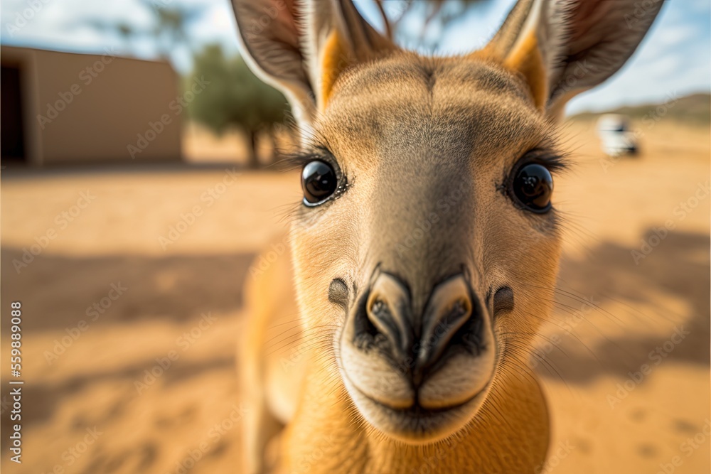 Poster a close up of a kangaroo looking at the camera with a blurry background of a building and a sky in t