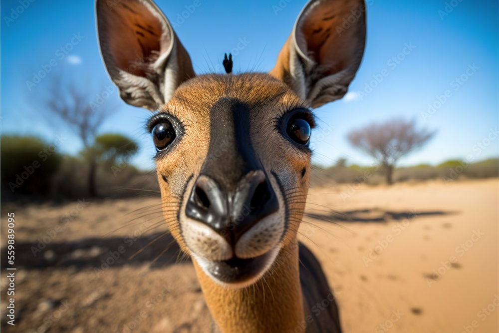 Poster a close up of a kangaroo looking at the camera with a blue sky in the background and trees in the ba