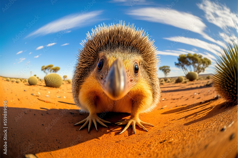 Poster a bird with a long beak standing in the desert with a cactus in the background and a blue sky with w