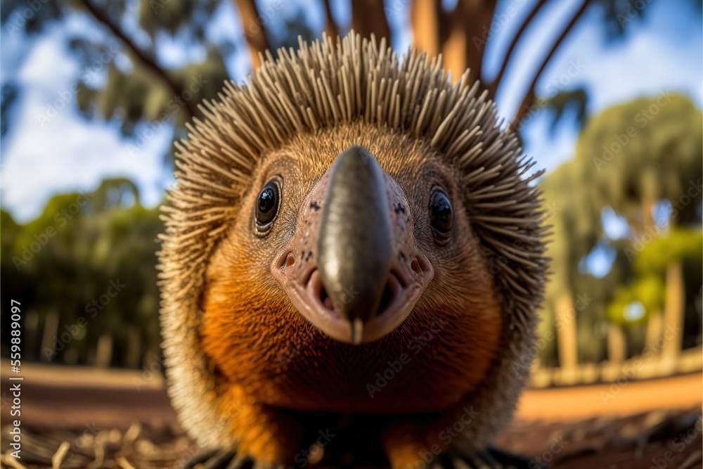 Poster a close up of a bird with a very cute face and a big nose with a tree in the background with a blue 